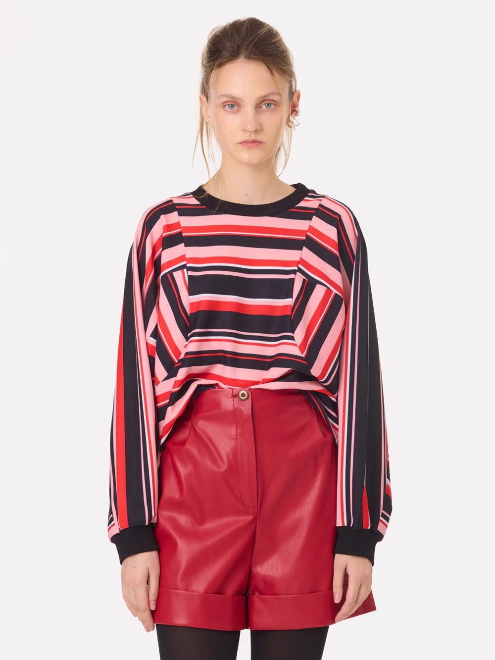 Julia Allert Striped Long-Sleeve Pullover Top in Pink and Black